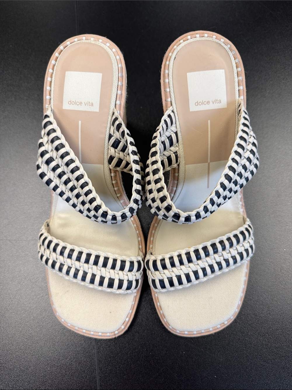 Dolce Vita Black and Cream Woven Double-Strap Mules - Picture 1 of 10